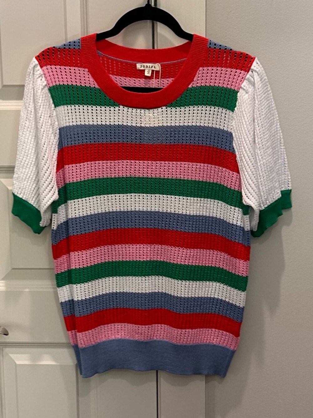 Jodifl Open Knit Short Sleeve Striped Crew Neck Sweater